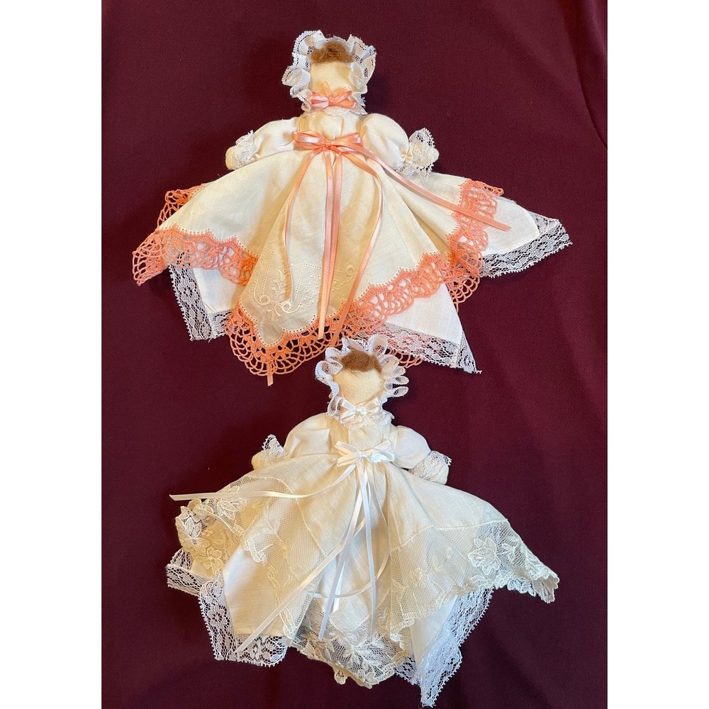 Vintage Handmade Handkerchief Doll Set of 2 Lace Ribbon White Peach 9in Heirloom